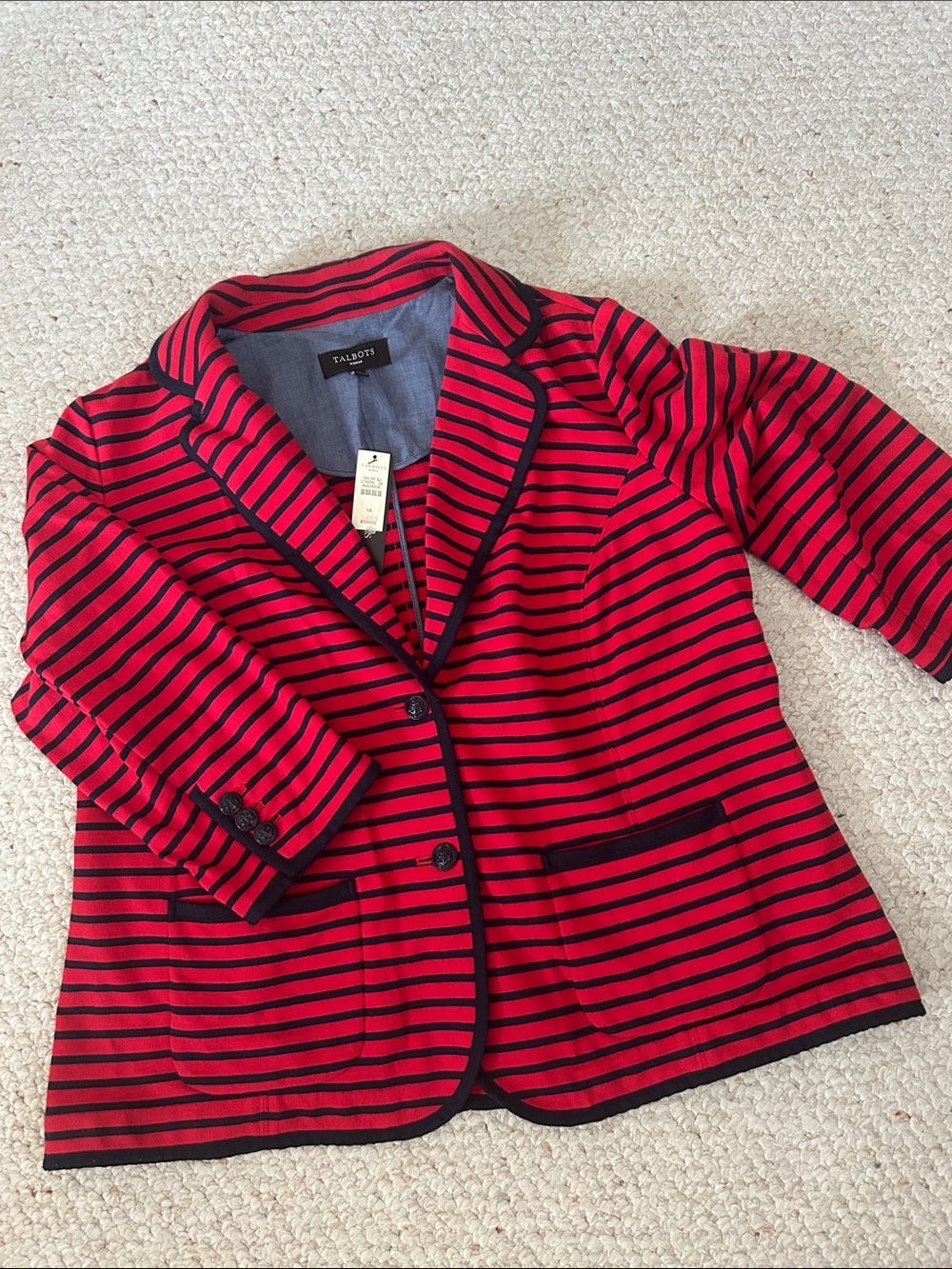 NEW Talbots Red and Black Striped Jacket with Contrast Trim